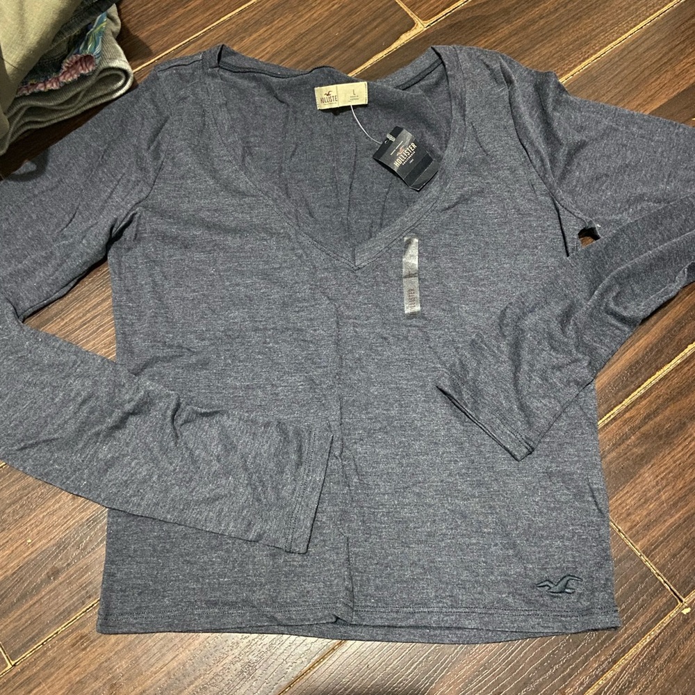 Hollister Dark Heather Navy V-Neck Long Sleeve Top Sz: L